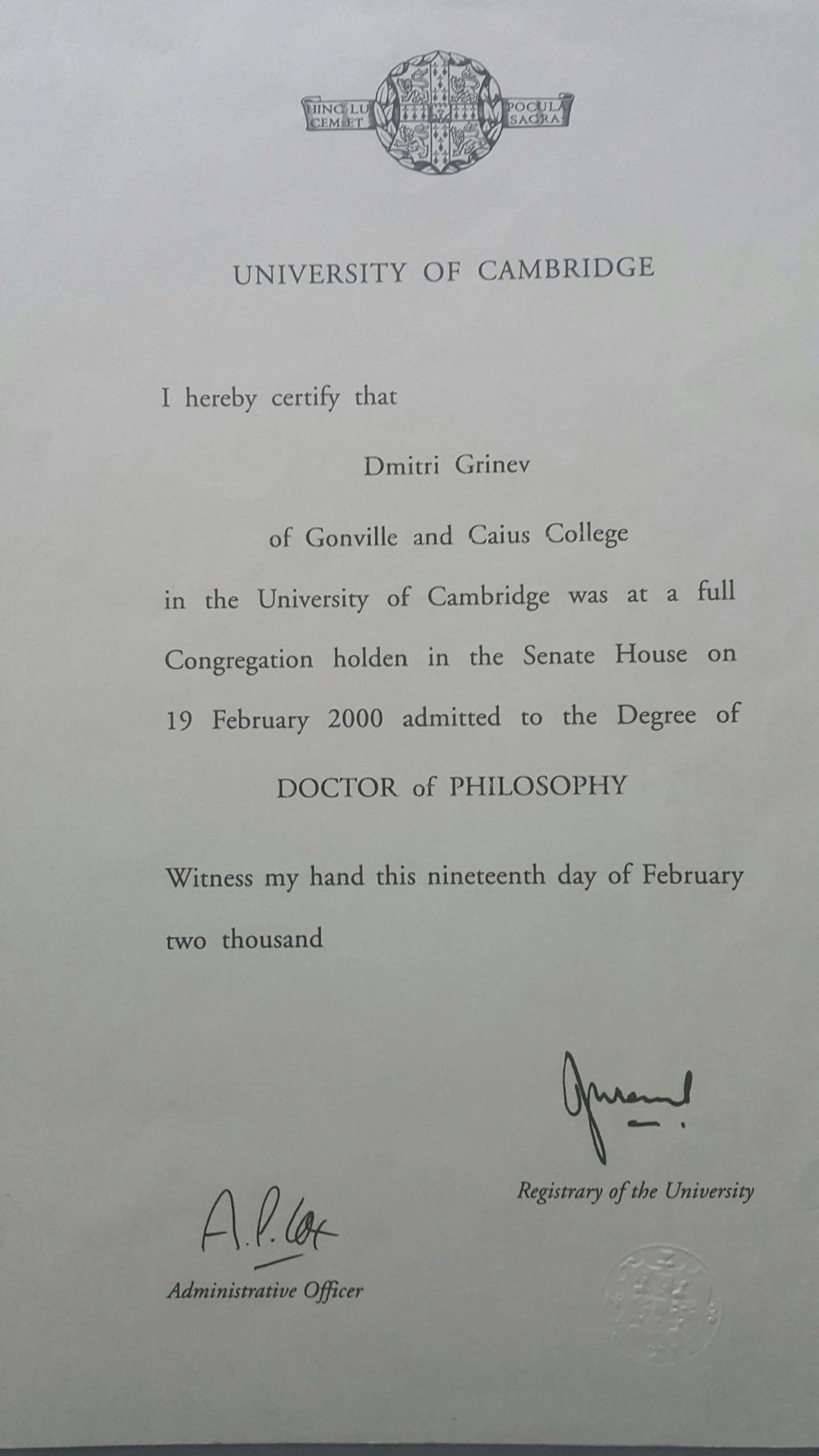 Диплом Doctor of Philosophy, University of Cambridge, Gonville and Caius College, Дмитрий Гринев, 19 февраля 2000 года